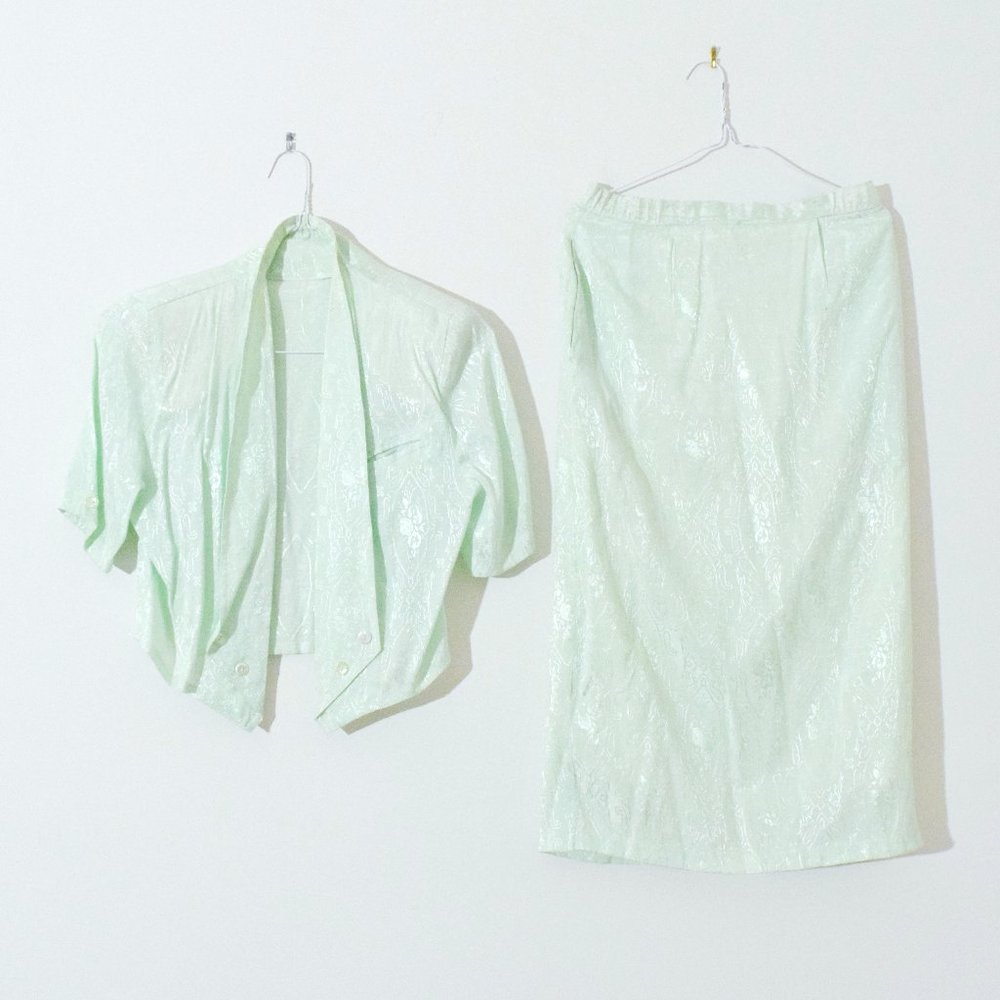 Vintage Light Green Mint Silk Cardigan & Midi Skirt Set | Size S